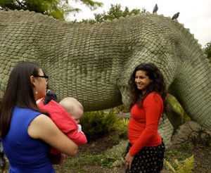 Xioya Ma and Anjali Goswami, plus three dinosaurs. Only two of which are scientifically accurate. Photo Credit: Victoria Herridge.