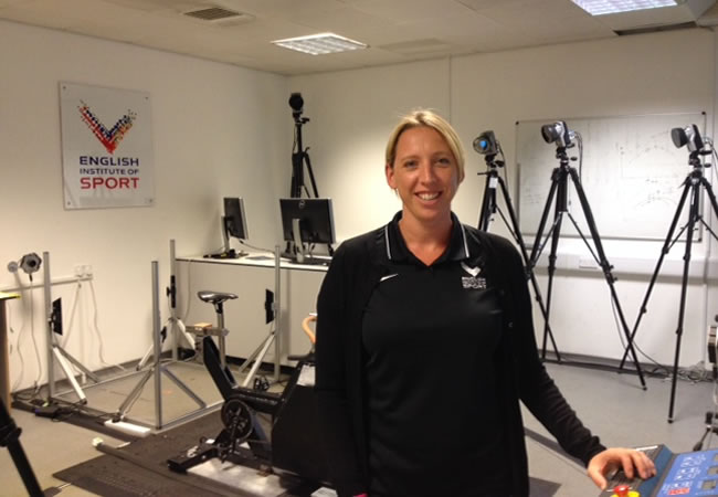 Dr Emma Ross with the motion capture system used to create computer models of athletes exercising